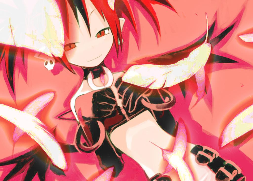 harada takehito, etna (disgaea), disgaea, makai senki disgaea, 00s, 1girl, bat wings, bracelet, collar, demon, demon girl, earrings, elbow gloves, feathers, female focus, flat chest, gloves, jewelry, miniskirt, necklace, pointy ears, red eyes, red hair, skirt, smile, solo, tail, twintails, wings