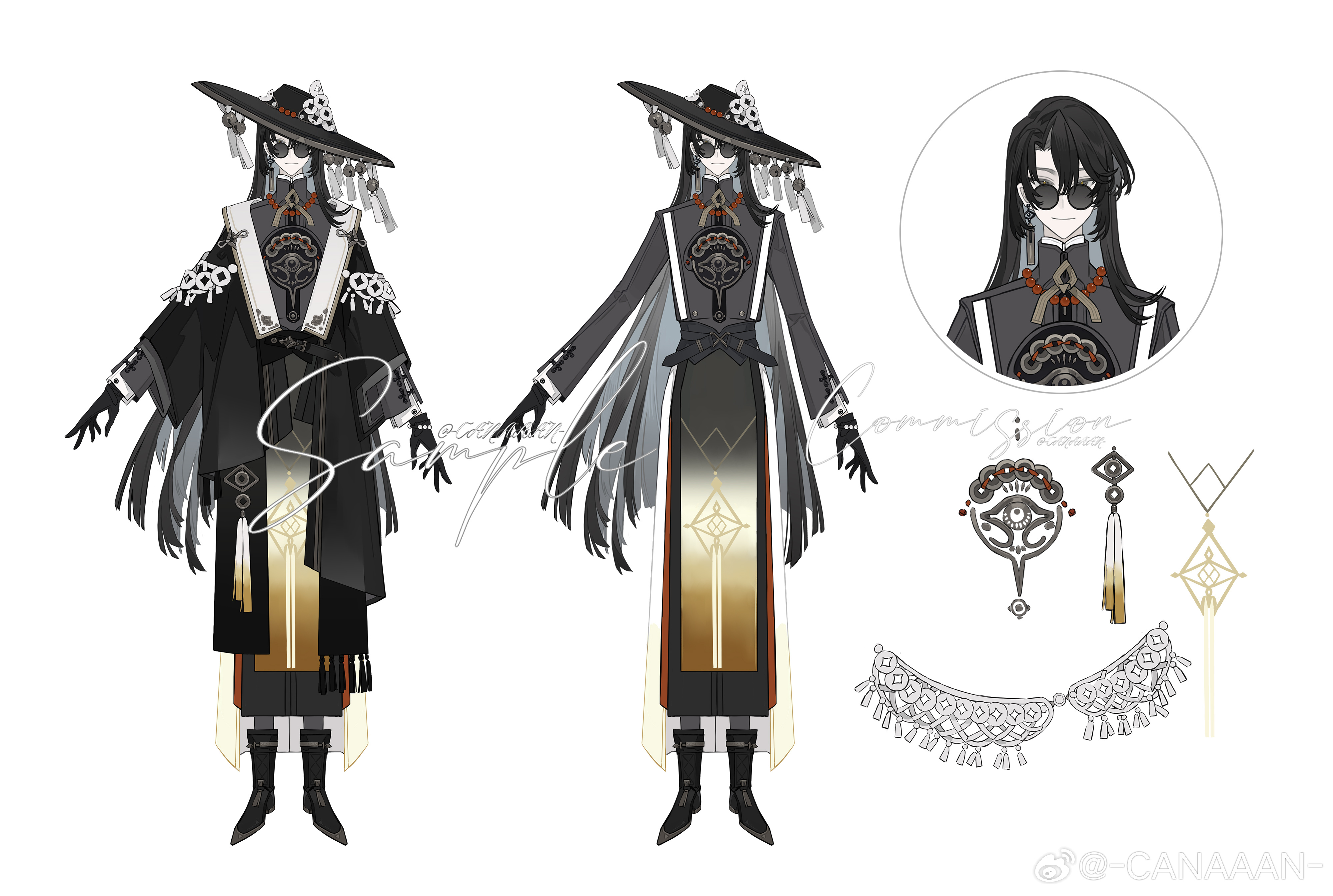 mao mao wansui, original, absurdres, chinese commentary, commission, highres, 1boy, ankle boots, arms at sides, bead bracelet, bead necklace, beads, bell, belt, black belt, black boots, black coat, black eyes, black gloves, black hair, black hat, black pants, black robe, blunt ends, boots, bracelet, bright pupils, changpao, chinese clothes, closed mouth, coat, coin, coin hat ornament, cuff links, curtained hair, earrings, eye print, eye symbol, full body, gloves, gradient clothes, gradient robe, hair between eyes, hat, hat bell, hat ornament, hat tassel, holed coin, jewelry, jingle bell, lapels, long hair, long sleeves, looking at viewer, male focus, multiple views, neck ribbon, necklace, open clothes, open coat, outstretched arm, pankou, pants, pelvic curtain, reference sheet, ribbon, robe, round eyewear, sample watermark, shawl, simple background, single earring, smile, solo, standing, straight-on, sunglasses, tassel, tassel earrings, tilted headwear, very long hair, watermark, weibo watermark, white background, white robe, white shawl, yaopei, yellow pupils, yellow robe