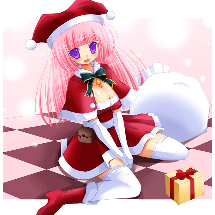 kay, kay (utd), original, bad id, bad pixiv id, 1girl, bell, blush, boots, bow, breasts, capelet, christmas, cleavage, dress, female focus, gift, hat, jester cap, large breasts, long hair, pink hair, purple eyes, sack, santa costume, solo, thighhighs, zettai ryouiki