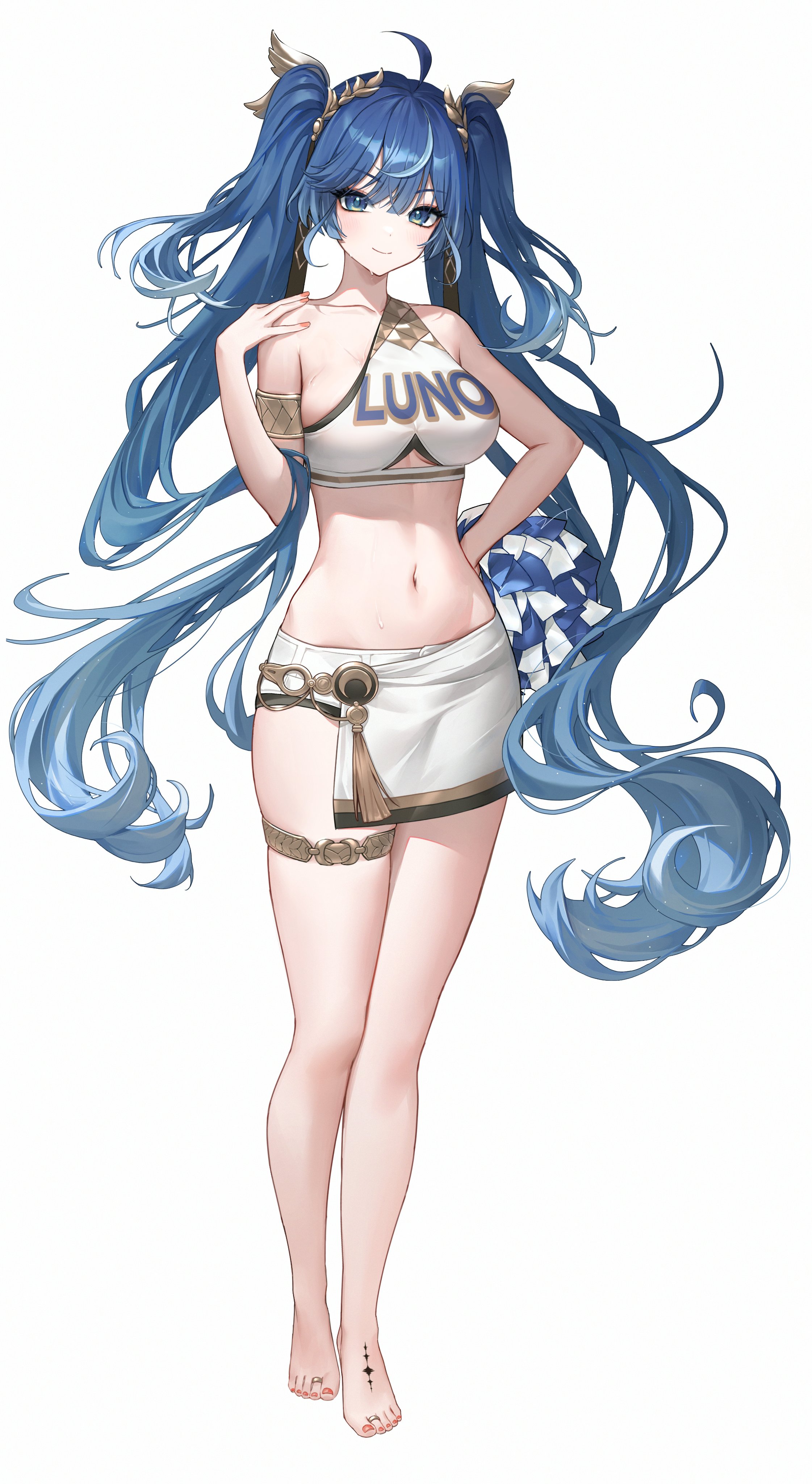 zua (2vziu), iuno (wuthering waves), wuthering waves, absurdres, bad id, bad twitter id, commentary, english commentary, highres, 1girl, ahoge, alternate costume, armlet, bare shoulders, barefoot, blue eyes, blue hair, breasts, character name, closed mouth, clothes writing, collarbone, feet, full body, gradient hair, hand on own hip, jewelry, laurel crown, long hair, looking at viewer, medium breasts, multicolored hair, navel, pom pom (cheerleading), simple background, skirt, smile, solo, sports bra, standing, stomach, streaked hair, sweat, tacet mark (wuthering waves), thighlet, thighs, toe ring, toes, twintails, very long hair, white background, white skirt, white sports bra