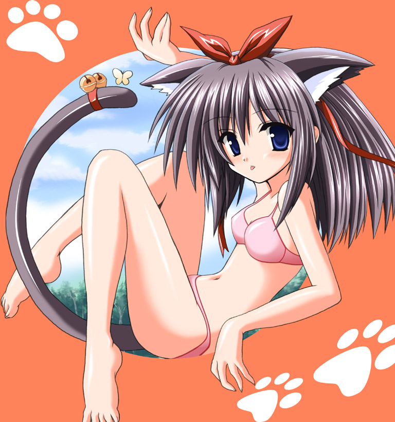 waiai, 1girl, :p, animal ears, barefoot, bell, bikini, blue eyes, cat ears, cat tail, feet, female focus, hair ribbon, navel, paw print, pink bikini, ribbon, solo, swimsuit, tail, tail bell, tail ornament, tongue, tongue out