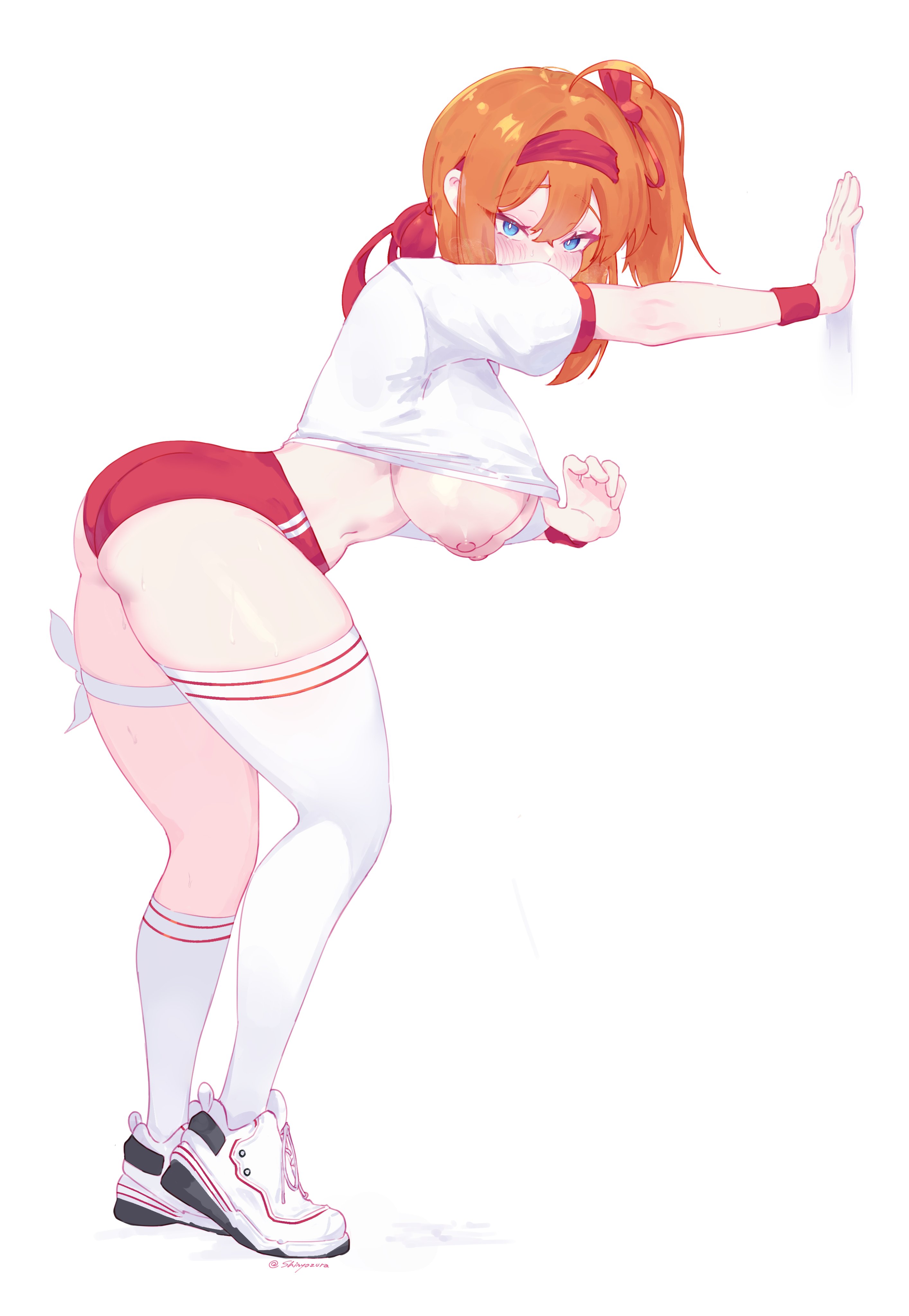 shinyozura, kalina (girls' frontline), girls' frontline, absurdres, commentary, english commentary, highres, 1girl, against wall, asymmetrical legwear, bare shoulders, bent over, blue eyes, breasts, buruma, clothes lift, from side, full body, gym uniform, hair between eyes, headband, kneehighs, large breasts, looking at viewer, looking to the side, nipples, orange hair, red buruma, red headband, shirt, shirt lift, shoes, simple background, single kneehigh, single sock, single thighhigh, sneakers, socks, standing, thighhighs, uneven legwear, white background, white shirt, white shoes, white socks, white thighhighs