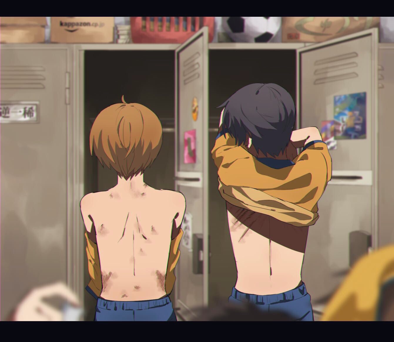 jinnai enta, yasaka kazuki, amazon (company), sarazanmai, commentary request, 2boys, back, ball, black hair, blue pants, blurry, blurry foreground, brown hair, bruise, bruise on back, changing clothes, from behind, indoors, injury, locker, locker room, male focus, multiple boys, okome hanken, pants, scratches, shirt, short hair, soccer ball, yellow shirt