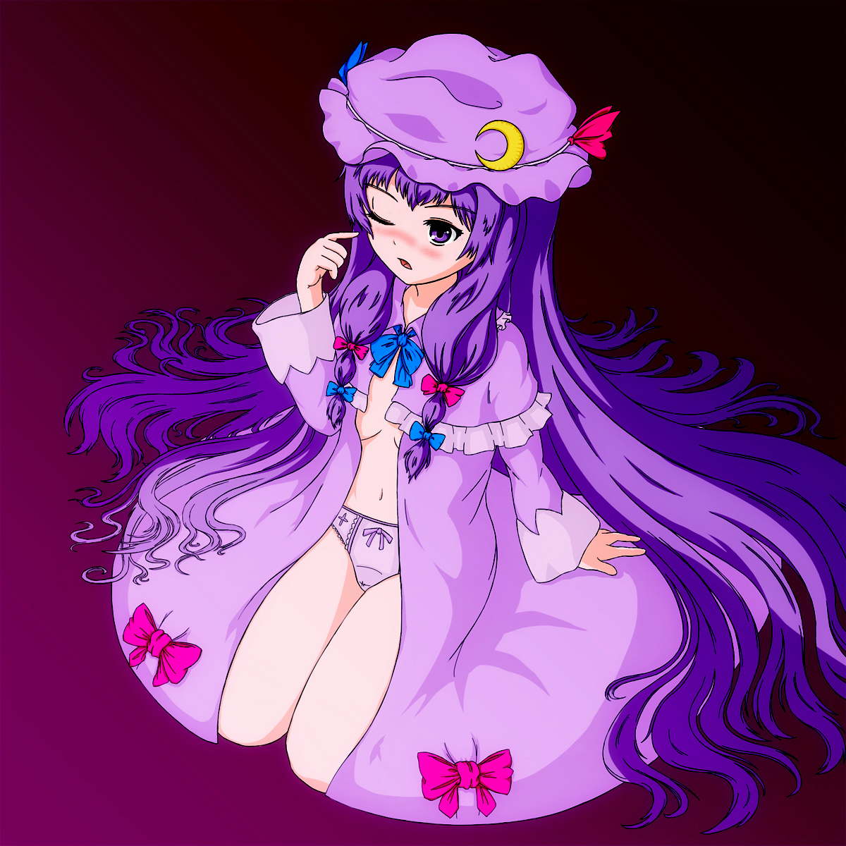 hiromi (artist), patchouli knowledge, touhou, highres, photoshop (medium), 1girl, blush, bow, crescent, crescent hat ornament, female focus, from above, gradient background, hat, hat ornament, long hair, no bra, one eye closed, panties, pink bow, purple background, purple eyes, purple hair, purple theme, simple background, solo, underwear
