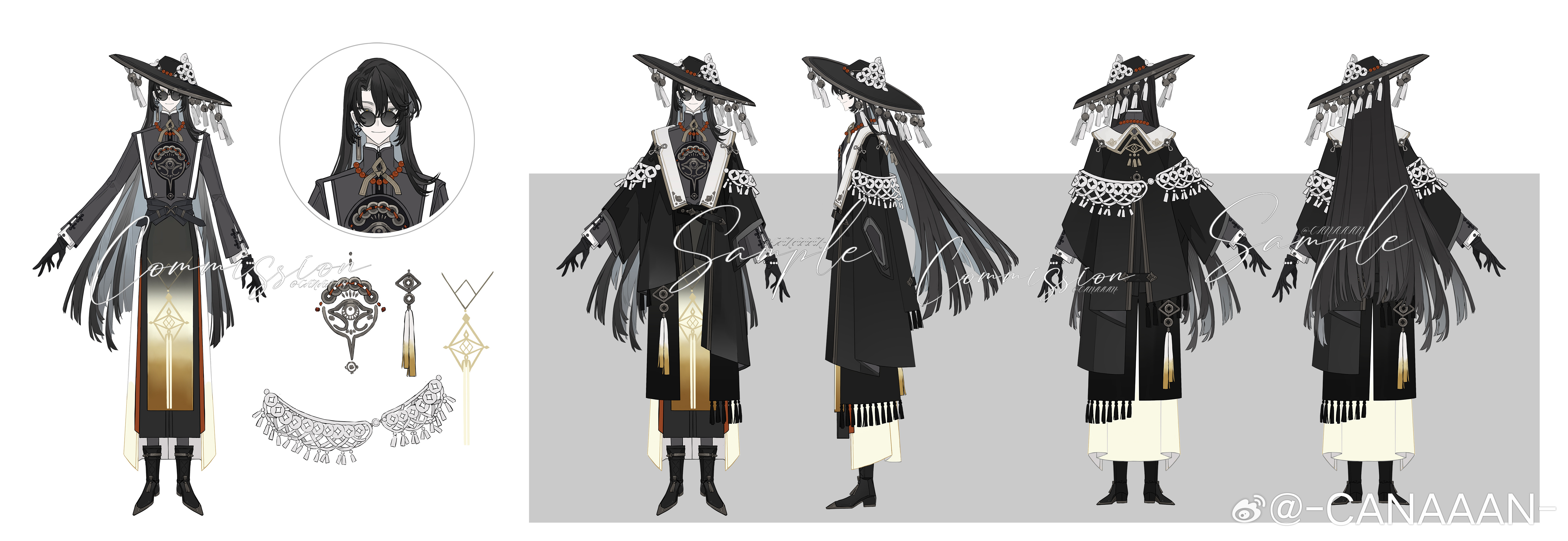 mao mao wansui, original, absurdres, chinese commentary, commission, highres, 1boy, ankle boots, arms at sides, bead bracelet, bead necklace, beads, bell, belt, black belt, black boots, black coat, black eyes, black gloves, black hair, black hat, black pants, black robe, blunt ends, boots, bracelet, bright pupils, changpao, chinese clothes, closed mouth, coat, coin, coin hat ornament, cuff links, curtained hair, earrings, eye print, eye symbol, full body, gloves, gradient clothes, gradient robe, grey background, hair between eyes, hat, hat bell, hat ornament, hat tassel, holed coin, jewelry, jingle bell, lapels, long hair, long sleeves, looking at viewer, male focus, multiple views, neck ribbon, necklace, open clothes, open coat, outstretched arm, pankou, pants, pelvic curtain, reference sheet, ribbon, robe, round eyewear, sample watermark, shawl, simple background, single earring, smile, solo, standing, straight-on, sunglasses, tassel, tassel earrings, tilted headwear, turnaround, very long hair, watermark, weibo watermark, white background, white robe, white shawl, yaopei, yellow pupils, yellow robe