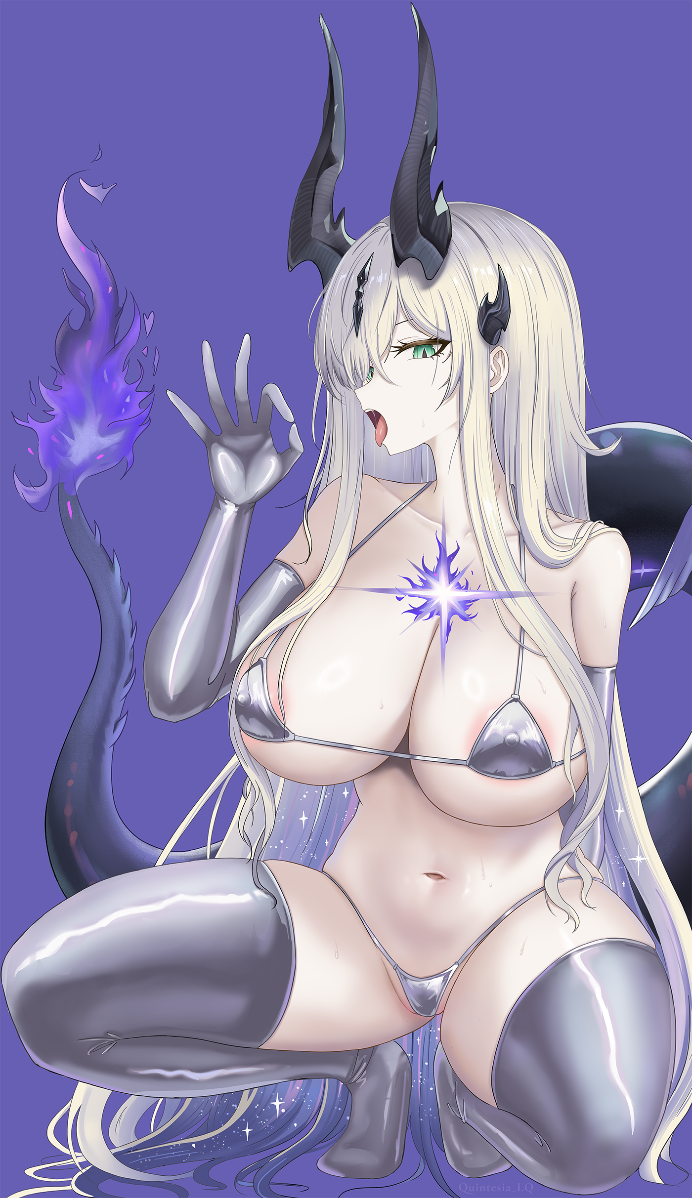 quintesia lq, necrass (arknights), arknights, absurdres, commentary request, highres, 1girl, bikini, breasts, dragon girl, dragon horns, dragon tail, elbow gloves, fellatio gesture, fire, flame-tipped tail, gloves, green eyes, grey thighhighs, horns, large breasts, long hair, looking at viewer, navel, purple background, silver bikini, silver gloves, simple background, solo, squatting, stomach, swimsuit, tail, thighhighs, thighs, tongue, tongue out, very long hair