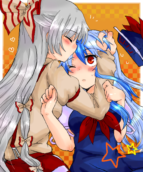 fujiwara no mokou, kamishirasawa keine, touhou, silver hair, 2girls, blue hair, female focus, kiss, long hair, multiple girls, red eyes, yuri