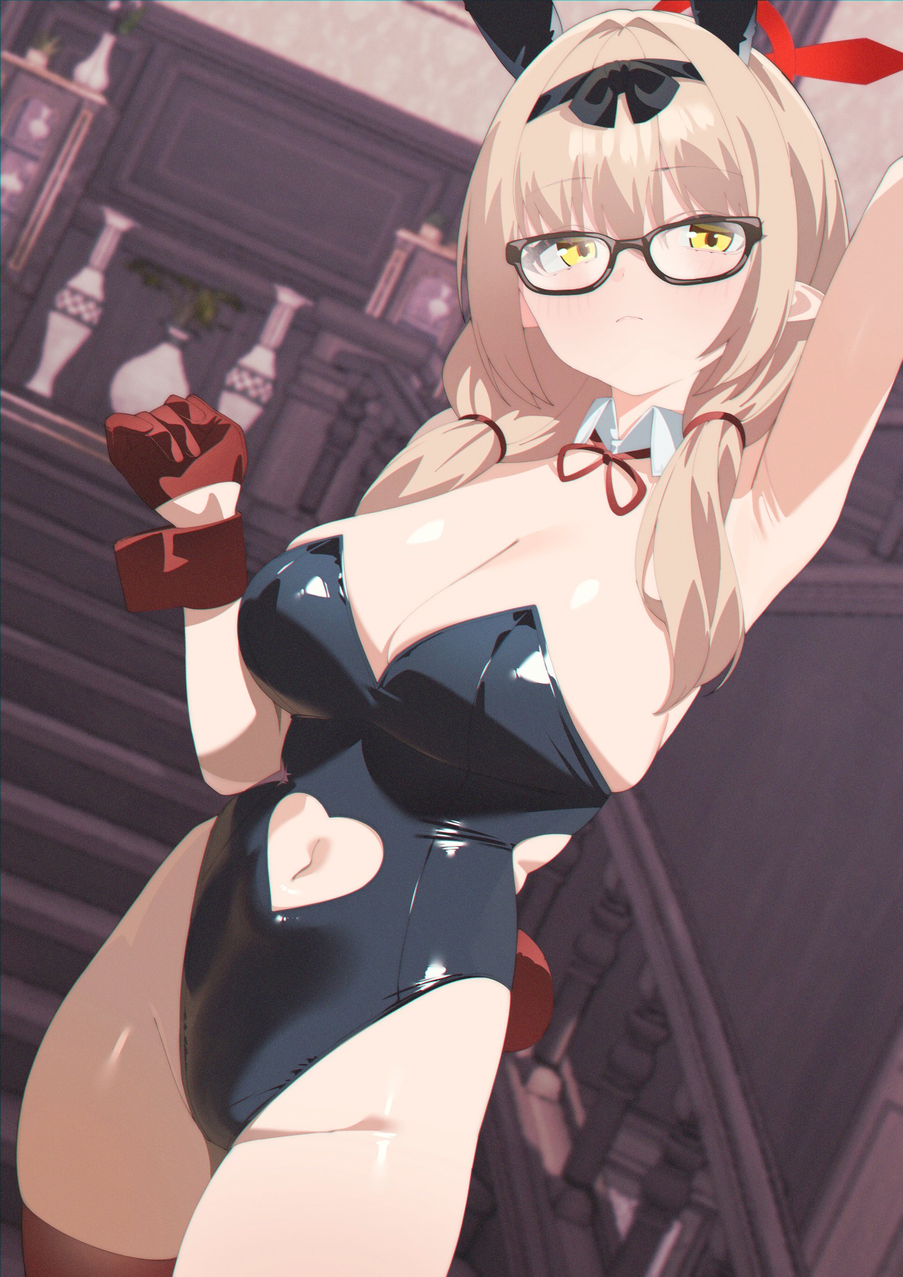 kurozawa yui, chinatsu (blue archive), blue archive, absurdres, highres, 1girl, alternate costume, animal ears, arm up, armpits, bare shoulders, black leotard, blush, breasts, brown hair, cleavage, clothing cutout, detached collar, fake animal ears, glasses, gloves, hairband, halo, highleg, highleg leotard, large breasts, leotard, long hair, looking at viewer, low twintails, navel, navel cutout, playboy bunny, pointy ears, rabbit ears, red gloves, solo, twintails, yellow eyes