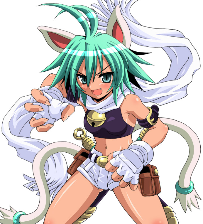 waiai, beryl (shinrabanshou), shinrabanshou, 1girl, animal ears, bell, fang, female focus, fingerless gloves, gloves, green eyes, green hair, matching hair/eyes, midriff, scarf, shorts, solo