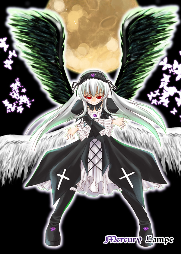 mabuchoco m, suigintou, rozen maiden, silver hair, 00s, boots, dress, hairband, knee boots, long hair, moon, red eyes, solo, wings