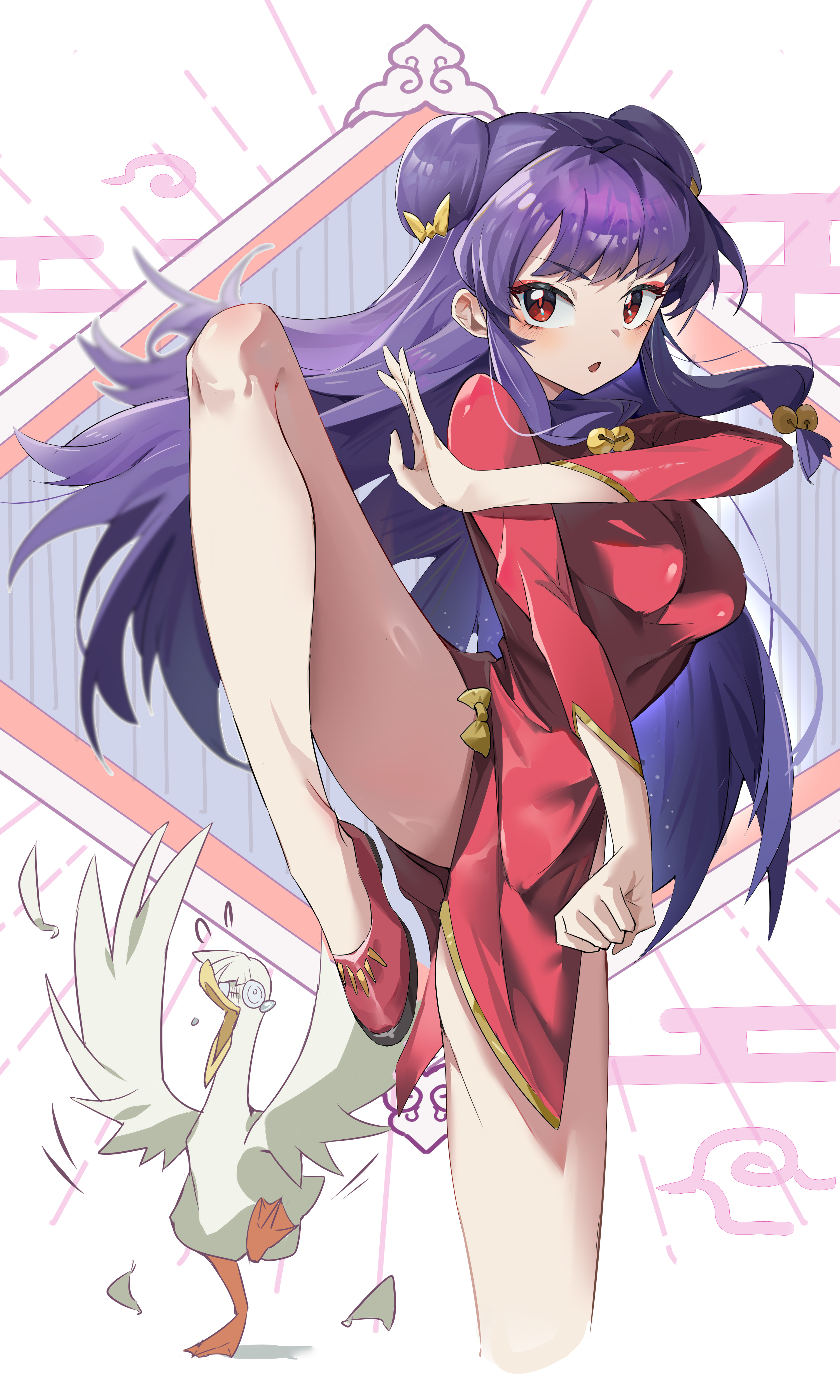 roro1515, mousse (ranma 1/2), shampoo (ranma 1/2), ranma 1/2, absurdres, highres, 1girl, bell, blush, breasts, chinese clothes, hair bun, hair ornament, hairclip, jingle bell, large breasts, leg up, long sleeves, looking at viewer, purple hair, red eyes, simple background, solo, white background