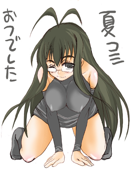 mabuchoco m, saotome haruna, mahou sensei negima!, 00s, antenna hair, black eyes, black hair, breasts, covered erect nipples, detached sleeves, dress, glasses, large breasts, long hair, miniskirt, short dress, skirt, socks, solo