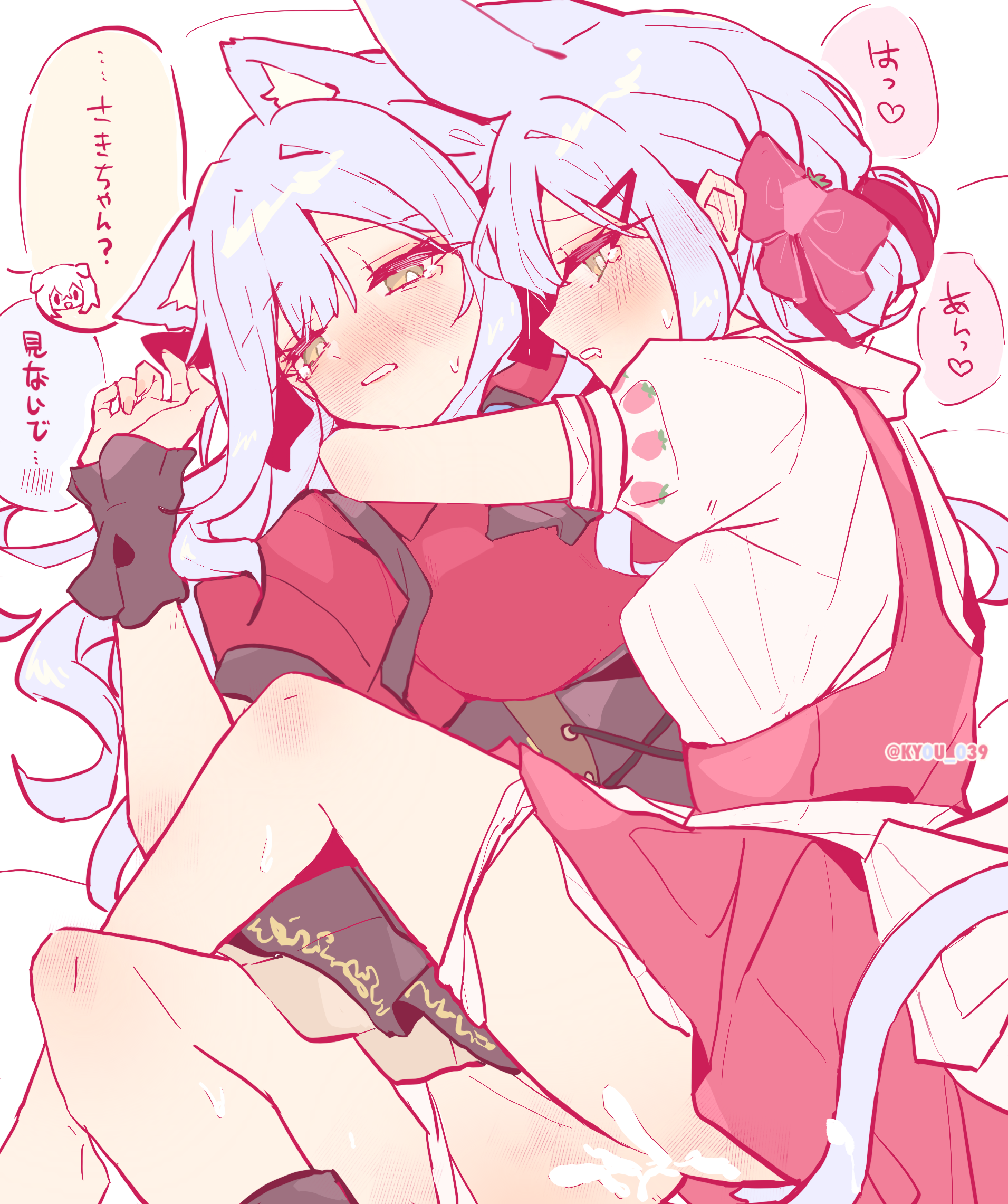 kyou 039, misumi uika, oblivionis (bang dream!), togawa sakiko, bang dream!, bang dream! it's mygo!!!!!, sweets paradise, chinese commentary, commentary request, highres, mixed-language commentary, translation request, 2girls, animal ears, blue hair, blush, bow, cat ears, cat girl, dog ears, dress, dual persona, hair bow, hair ornament, hairclip, hug, kemonomimi mode, long hair, multiple girls, nipples, open clothes, open mouth, open shirt, panties, panty pull, pink hair, rabbit ears, rabbit girl, red bow, red dress, suggestive fluid, tearing up, twitter username, underwear, white panties