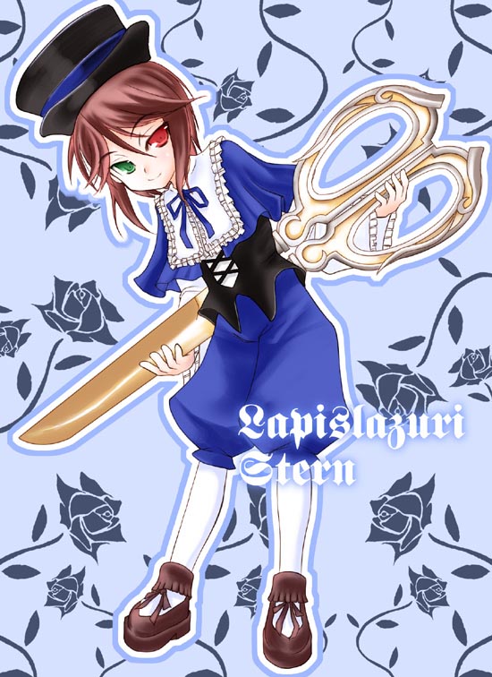 mabuchoco m, souseiseki, rozen maiden, 00s, brown hair, frills, hat, heterochromia, pantyhose, scissors, short hair, solo