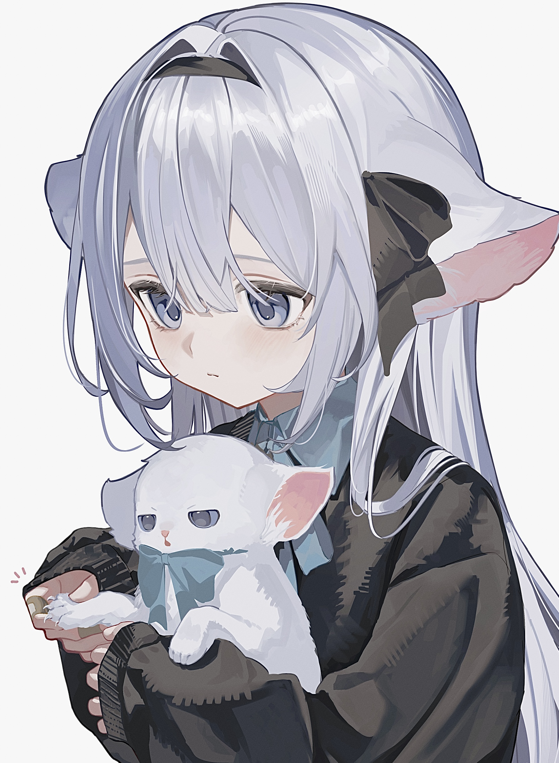 sho (sho oe4), original, absurdres, commentary, highres, 1girl, animal, animal ears, black hairband, black shirt, blue eyes, blue ribbon, cat, cat ears, cat girl, claws, closed mouth, double-parted bangs, grey hair, hair between eyes, hairband, holding, holding animal, long hair, long sleeves, neck ribbon, ribbon, shirt, simple background, solo, upper body, white background