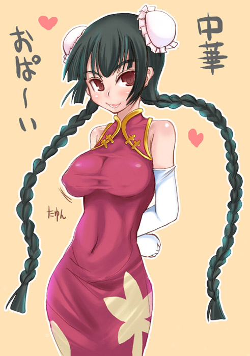 mabuchoco m, chao lingshen, wang liu mei, gundam, gundam 00, mahou sensei negima!, 00s, bare shoulders, braid, breasts, brown eyes, bun cover, china dress, chinese clothes, crossover, detached sleeves, double bun, dress, green hair, large breasts, long hair, twin braids