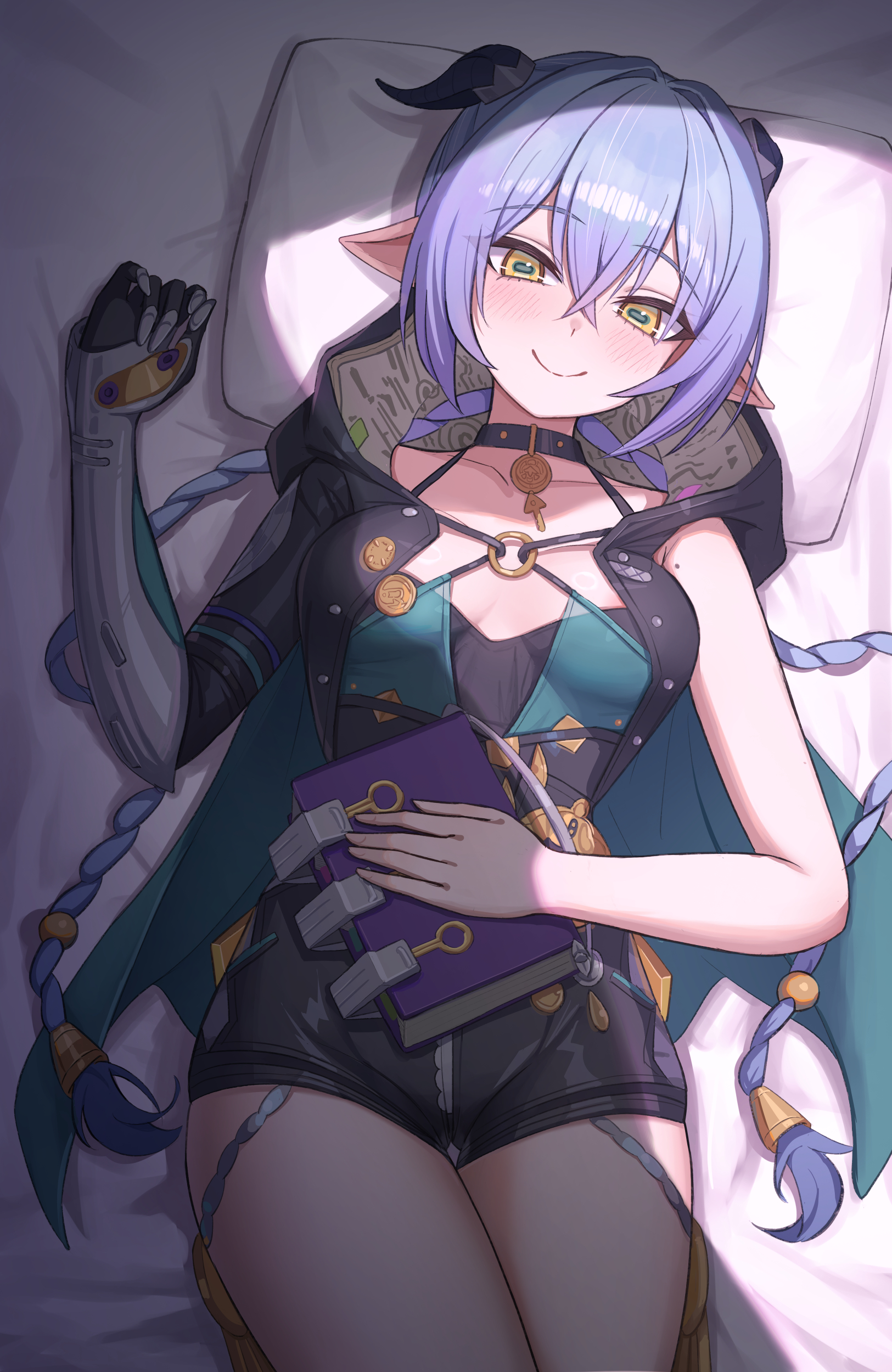 icetea art, lucia (zenless zone zero), zenless zone zero, absurdres, highres, paid reward available, 1girl, blue hair, blush, book, braid, breasts, gloves, goat horns, hair between eyes, hair intakes, holding, holding book, hood, horns, long hair, looking at viewer, low twin braids, lying, medium breasts, mole, mole on arm, on back, on bed, pillow, pointy ears, rectangular pupils, single glove, smile, solo, thigh gap, twin braids, very long hair, yellow eyes