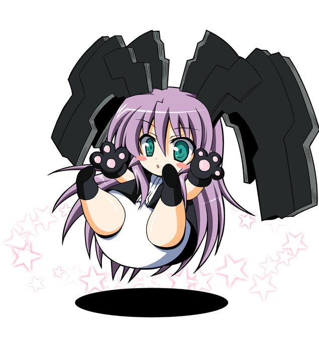 waiai, al azif (demonbane), demonbane, 00s, animal hands, chibi, green eyes, long hair, purple hair, solo