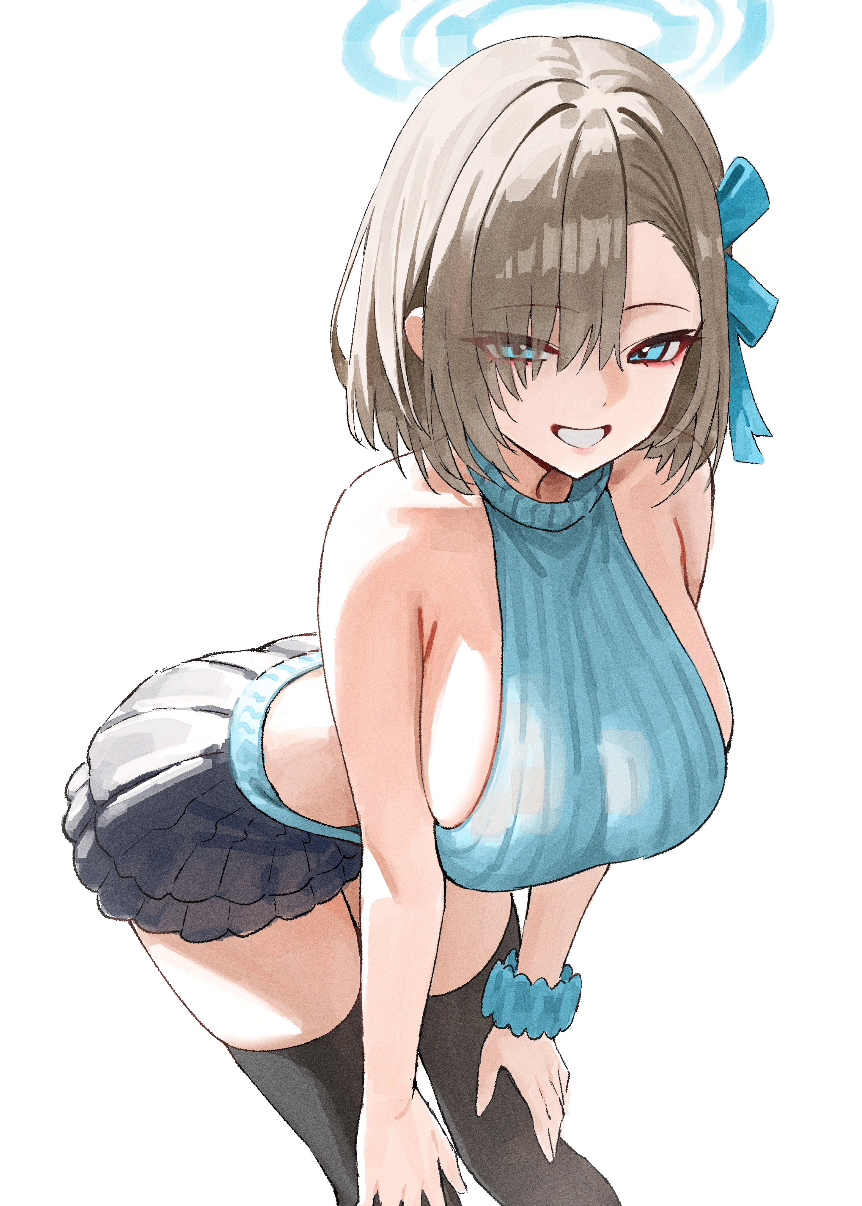 kono (xerondan321), asuna (blue archive), blue archive, absurdres, commentary request, highres, paid reward available, 1girl, alternate costume, bare shoulders, black skirt, black thighhighs, blonde hair, blue eyes, blue halo, blue sweater, breasts, halo, large breasts, leaning forward, looking at viewer, miniskirt, short hair, sideboob, simple background, skirt, smile, solo, sweater, thighhighs, thighs, white background