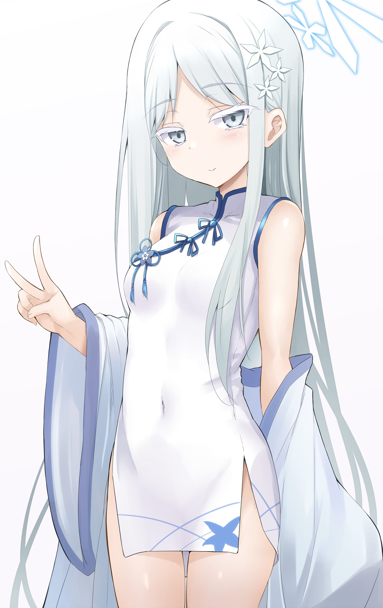 sen (astronomy), nagusa (blue archive), blue archive, highres, 1girl, blush, breasts, dress, flower, grey eyes, hair flower, hair ornament, halo, japanese clothes, kimono, kimono on shoulders, long hair, looking at viewer, parted bangs, short dress, side slit, sidelocks, small breasts, smile, solo, thighs, v, very long hair, white dress, white hair, white kimono, wide sleeves
