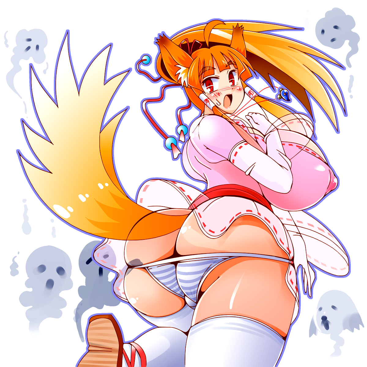 amano taiki, bad id, bad pixiv id, highres, 1girl, animal ears, ass, backboob, breasts, cleavage, curvy, female focus, huge ass, huge breasts, nipples, panties, plump, puffy nipples, side-tie panties, solo, striped clothes, striped panties, tail, thighhighs, underwear