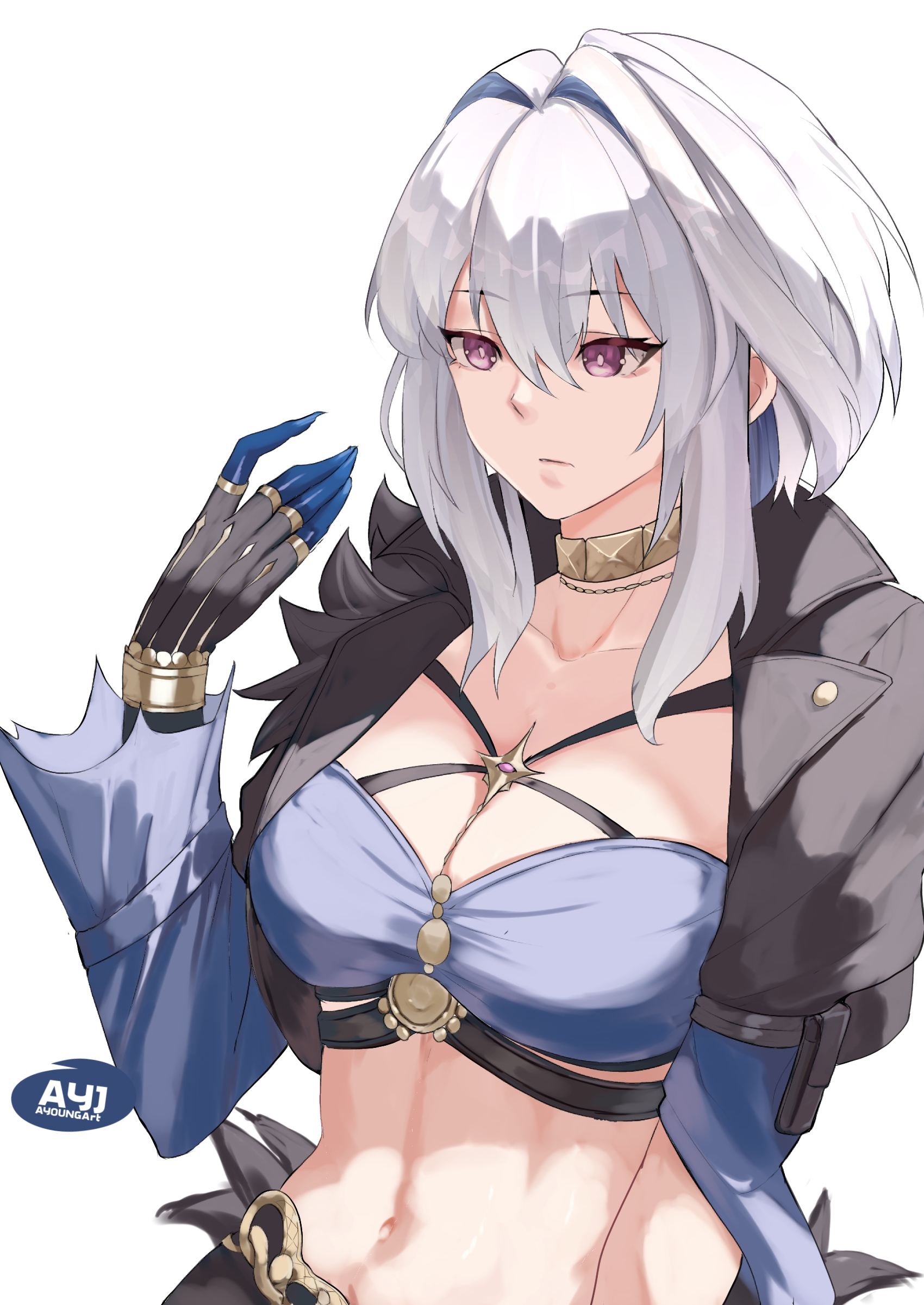 ayoungart, galbrena (wuthering waves), wuthering waves, absurdres, commentary, highres, 1girl, black jacket, blue bra, blue nails, bra, breasts, cleavage, collarbone, fingernails, gold choker, grey hair, hair between eyes, hand up, jacket, linea alba, long fingernails, looking at hand, medium breasts, medium hair, mutation, navel, purple eyes, simple background, solo, stomach, underwear, upper body, white background