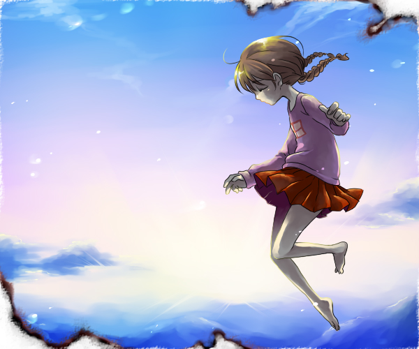 akezu, madotsuki, yume nikki, 1girl, barefoot, braid, falling, female focus, pink shirt, shirt, skirt, solo, tears, twin braids