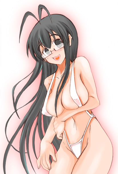 mabuchoco m, saotome haruna, mahou sensei negima!, 00s, antenna hair, black eyes, black hair, breasts, covered erect nipples, glasses, large breasts, long hair, slingshot swimsuit, solo, swimsuit