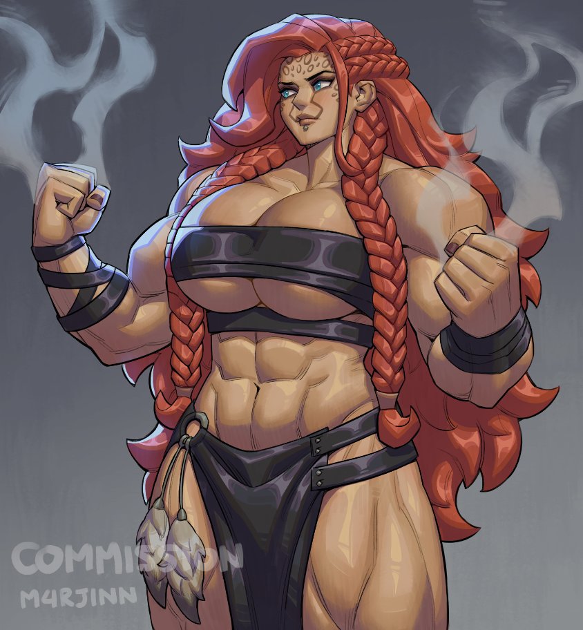m4rjinn, original, commentary, commission, english commentary, 1girl, abs, artist name, bare shoulders, belt, black belt, blue eyes, braid, breasts, chest belt, cleavage, clenched hands, closed mouth, collarbone, cowboy shot, dark-skinned male, dark skin, face piercing, facial tattoo, feathers, gradient background, grey background, hands up, huge breasts, lip piercing, lips, long hair, looking to the side, midriff, muscular, muscular female, navel, nose, pelvic curtain, piercing, red hair, solo, steam, tattoo, thick thighs, thighs, twin braids, very long hair, wrist belt