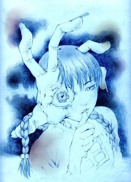 tamo imai, madotsuki, medamaude, yume nikki, 1girl, blue theme, blunt bangs, braid, female focus, finger to mouth, hair over shoulder, looking at viewer, monochrome, monster, shushing, solo, twin braids, twintails, upper body