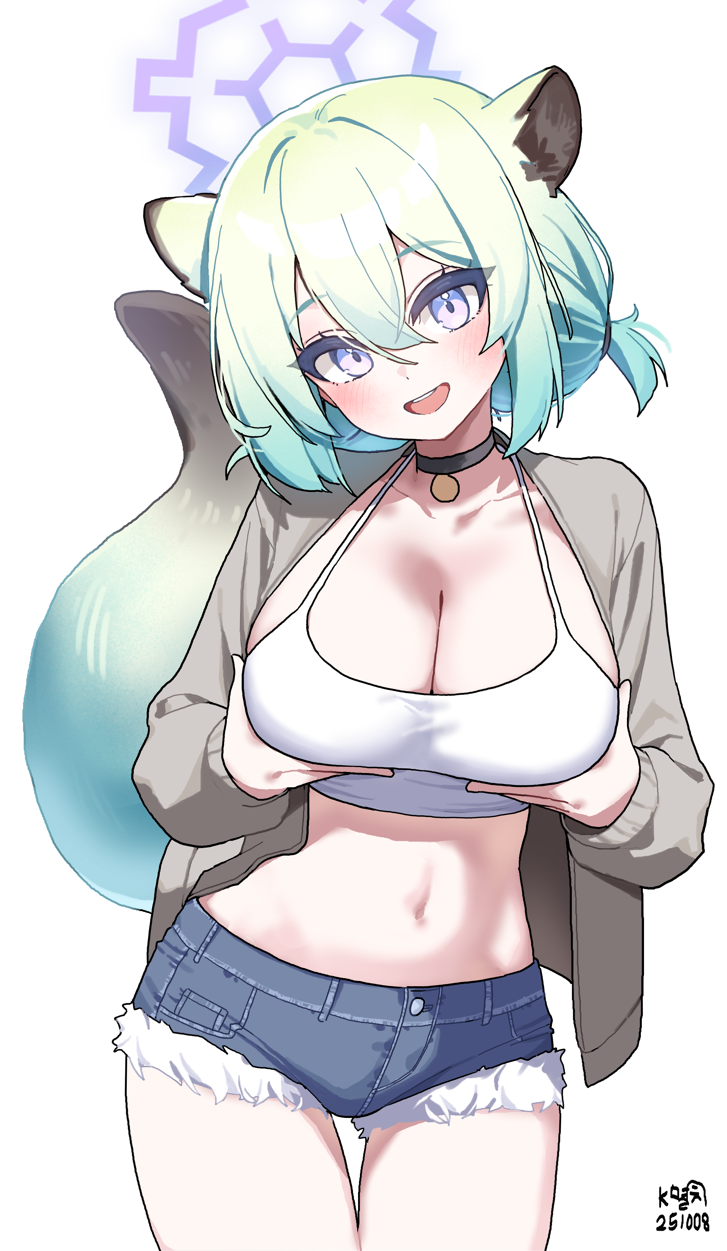 myeolchi, shigure (blue archive), blue archive, absurdres, commentary, highres, 1girl, alternate costume, animal ears, aqua eyes, black choker, blue shorts, blush, breasts, camisole, cardigan, choker, cleavage, cowboy shot, denim, denim shorts, fur-trimmed shorts, fur trim, grabbing own breast, grey cardigan, hair between eyes, head tilt, large breasts, long sleeves, looking at viewer, midriff, navel, open cardigan, open clothes, open mouth, purple eyes, short hair, shorts, simple background, smile, solo, spaghetti strap, stomach, tail, teeth, thigh gap, upper teeth only, weasel ears, weasel girl, weasel tail, white background, white camisole