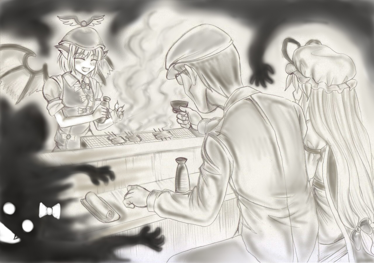 ippo (pixiv384625), mystia lorelei, rumia, yakumo yukari, zun, touhou, bad id, bad pixiv id, 1boy, 3girls, alcohol, animal ears, darkness, drink, fang, food, food stand, grill, hat, monochrome, multiple girls, sake, sepia, silhouette demon, sketch, wings