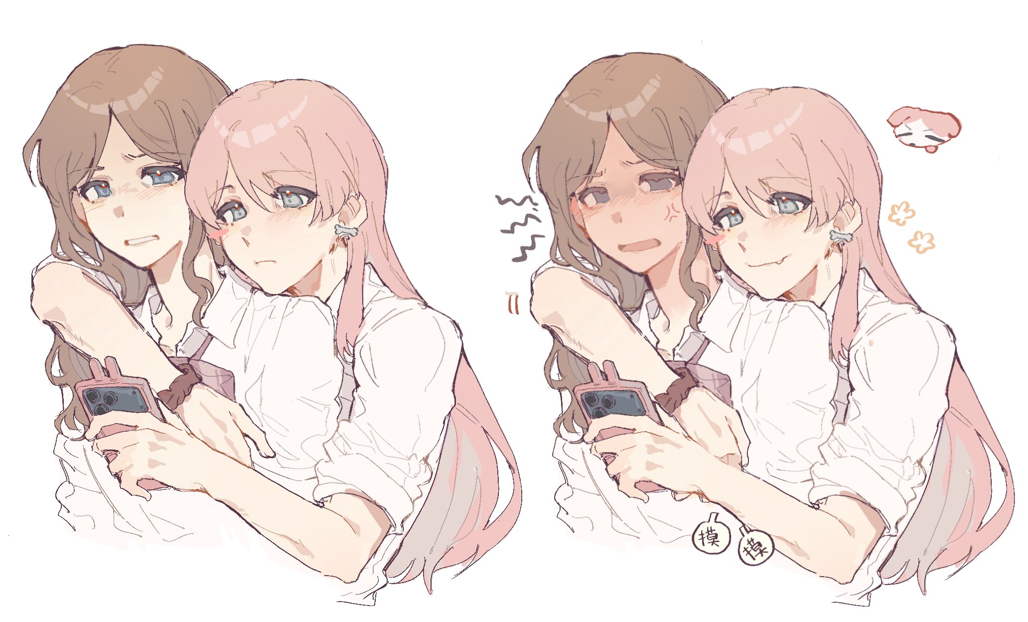 b cat610, chihaya anon, nagasaki soyo, bang dream!, bang dream! it's mygo!!!!!, commentary, hashtag-only commentary, highres, translation request, 2girls, anger vein, blue hair, blush, brown hair, cellphone, closed mouth, earrings, fang, holding, holding phone, hug, jewelry, long hair, multiple girls, open mouth, ornate phone case, phone, pink hair, shirt, simple background, sleeves rolled up, smartphone, smug, white background, white shirt