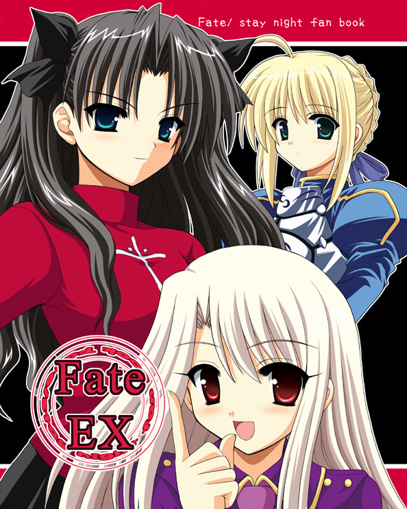 waiai, artoria pendragon (fate), illyasviel von einzbern, saber (fate), tohsaka rin, fate/stay night, fate (series), silver hair, 00s, 3girls, black hair, blonde hair, blue eyes, green eyes, hair ribbon, long hair, multiple girls, red eyes, ribbon, school uniform, twintails