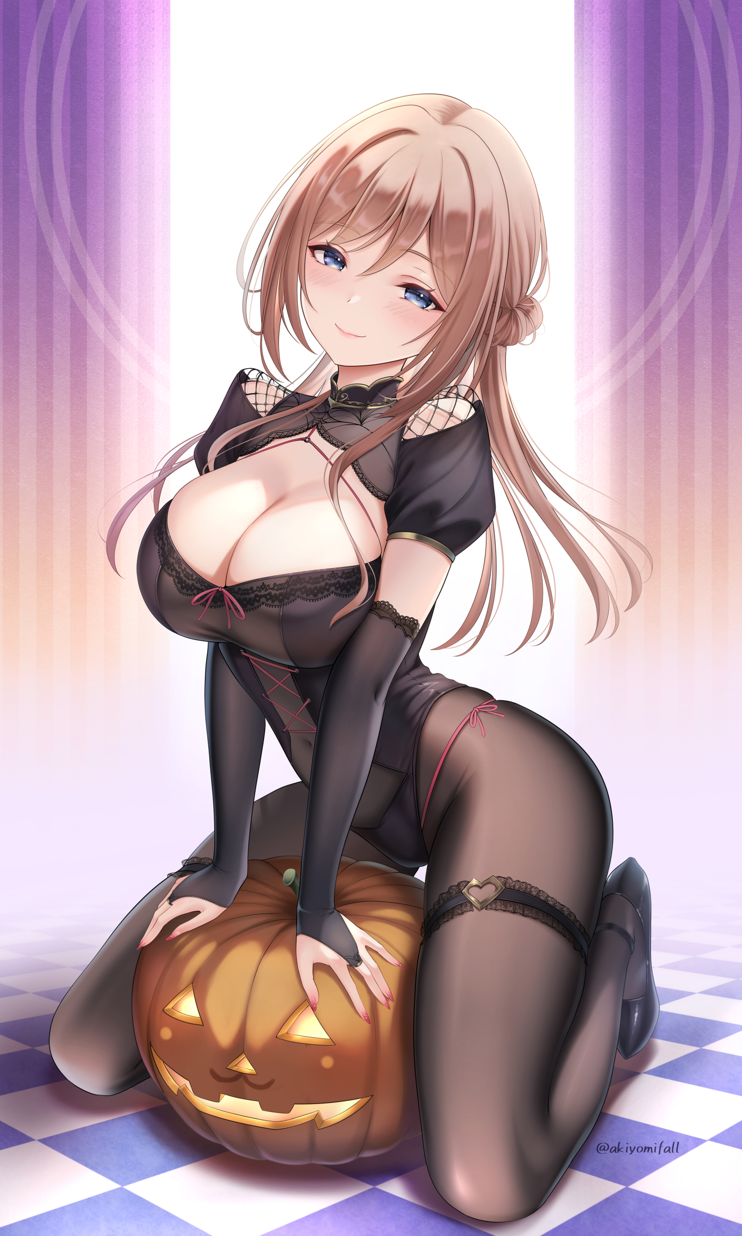 akiyomi, himesaki rinami, gakuen idolmaster, idolmaster, absurdres, commentary request, highres, 1girl, arm support, artist name, black bridal gauntlets, black gloves, black pantyhose, blue eyes, blush, bodystocking, breasts, bridal gauntlets, brown hair, checkered floor, cleavage, cleavage cutout, closed mouth, clothing cutout, covered groin, covered navel, criss-cross strings, dress, front-tie top, gloves, gold trim, gradient background, hair between eyes, hair bun, head tilt, heart, heart o-ring, high heels, highleg, highleg dress, jack-o'-lantern, kneeling, lace, lace-trimmed dress, lace trim, large breasts, looking at viewer, nail polish, o-ring, on floor, panties, panty straps, pantyhose, pink lips, pink nails, pink panties, pumpkin, short sleeves, side-tie panties, single side bun, smile, solo, string, thigh strap, underwear, white background