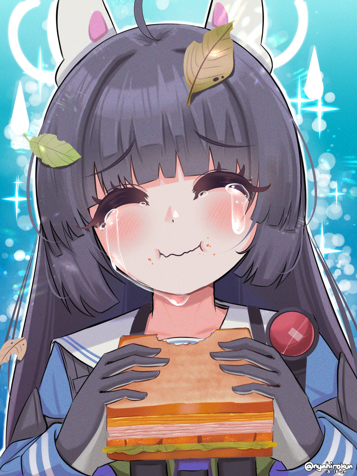 nyahiro, miyu (blue archive), blue archive, highres, 1girl, ahoge, animal ears, armband, black armband, black gloves, black hair, blue shirt, blush, closed eyes, closed mouth, collarbone, crying, dated, eating, fake animal ears, food, gloves, green neckerchief, halo, happy tears, holding, holding food, leaf, leaf on head, long hair, neckerchief, rabbit ears, sailor collar, sandwich, school uniform, serafuku, shirt, sidelocks, skirt, smile, sobbing, solo, sparkle, sparkle background, tears, thick eyebrows, twitter username, very long hair, white halo, white sailor collar