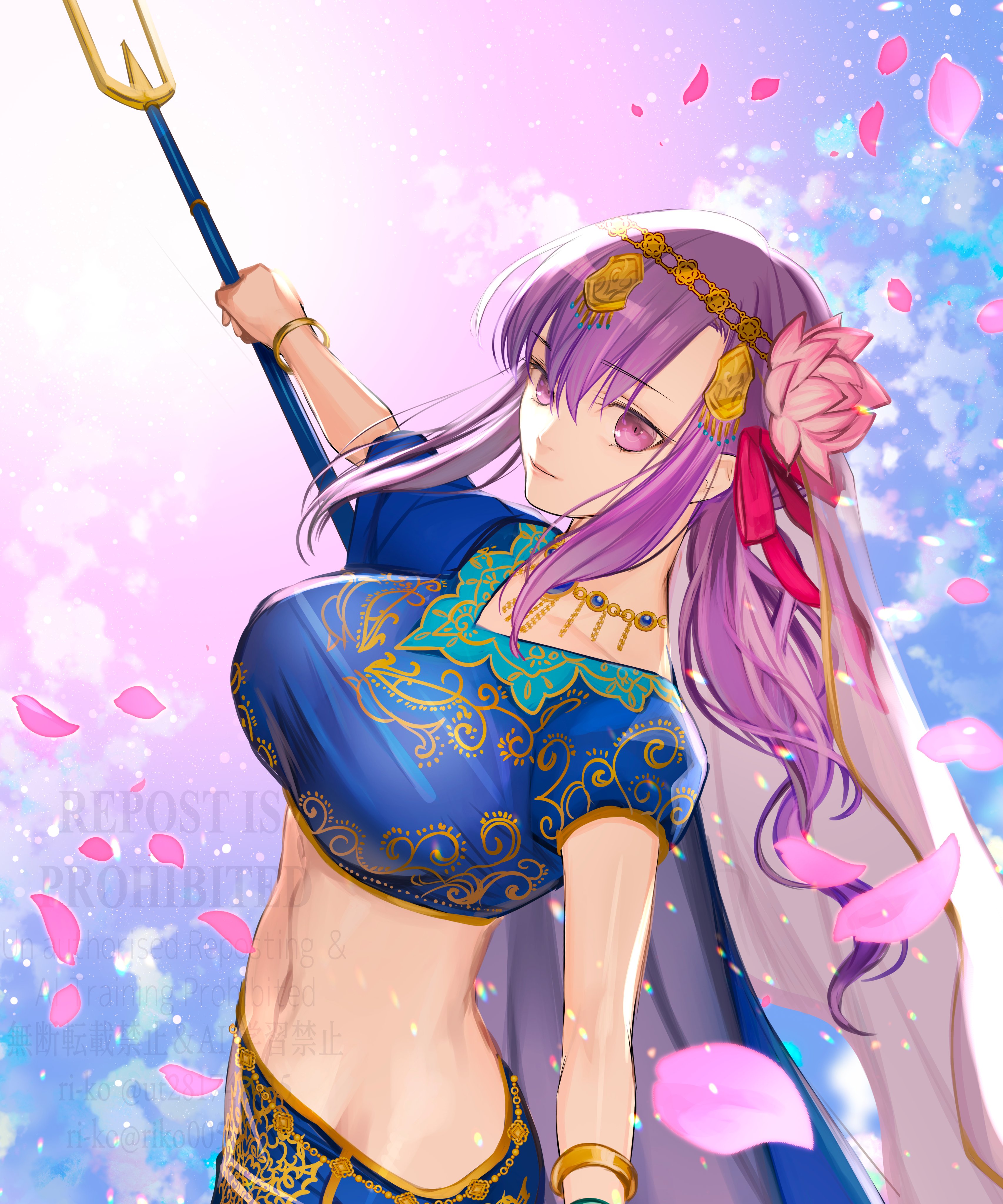 ri-ko, parvati (fate), fate/grand order, fate (series), absurdres, highres, 1girl, blue shirt, blue skirt, blush, bracelet, breasts, circlet, cropped shirt, earrings, flower, hair flower, hair ornament, indian clothes, jewelry, large breasts, long hair, looking at viewer, midriff, navel, necklace, petals, polearm, purple eyes, purple hair, shirt, short sleeves, sidelocks, skirt, solo, weapon