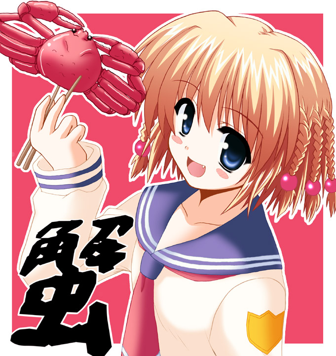 waiai, kanisawa kinu, tsuyokiss, 1girl, blonde hair, blue eyes, braid, chopsticks, crab, crustacean, fang, female focus, open mouth, school uniform, short hair, smile, solo, upper body