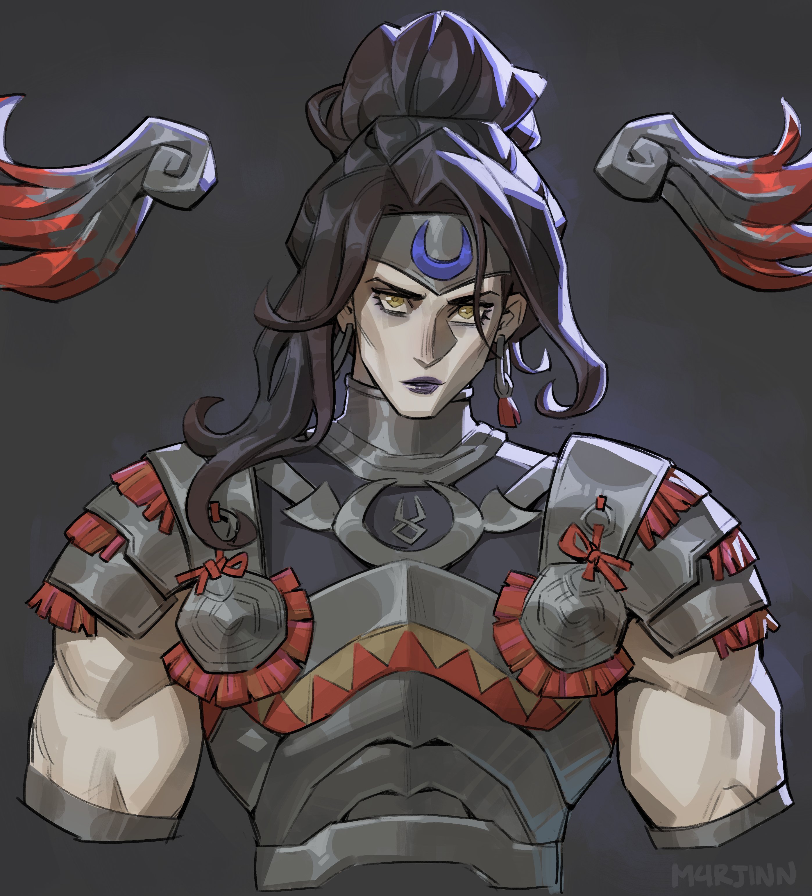 m4rjinn, nemesis (hades), hades (series), hades 2, absurdres, commentary, english commentary, highres, 1girl, armor, artist name, black hair, breastplate, colored skin, detached wings, earrings, forehead protector, grey background, grey skin, hoop earrings, jewelry, lips, long hair, looking at viewer, muscular, muscular female, nose, purple lips, shoulder armor, solo, upper body, wings, yellow eyes