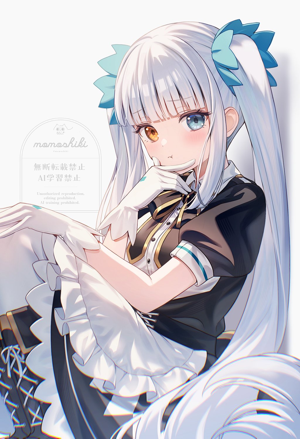 momoshiki tsubaki, kagura mea, kagura gumi, highres, 1girl, apron, black boots, black dress, blue eyes, blunt bangs, boots, closed mouth, dress, finger to face, gloves, grey hair, hair ornament, heterochromia, knee boots, long hair, looking at viewer, maid, maid apron, pantyhose, short sleeves, simple background, sitting, solo, twintails, very long hair, virtual youtuber, white apron, white background, white gloves, white pantyhose, yellow eyes