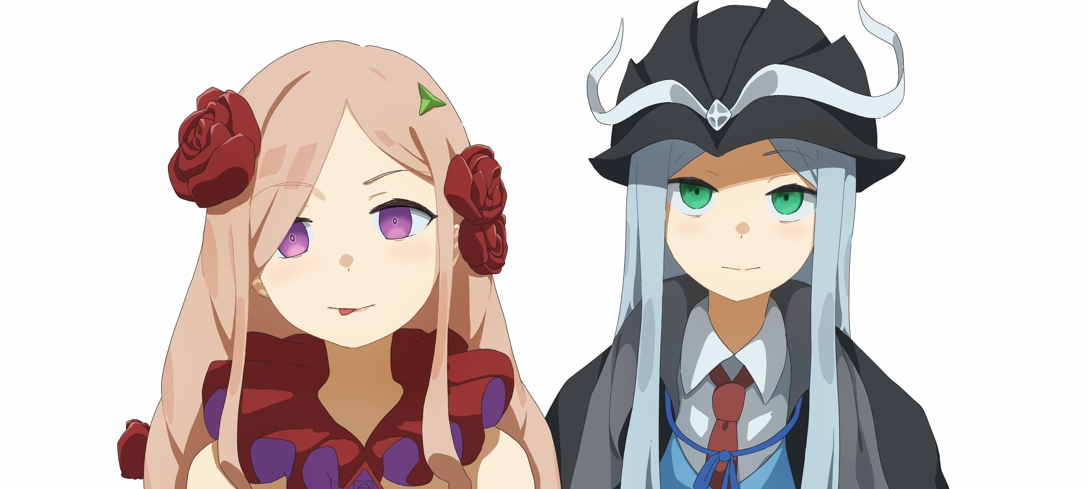 tatararashi, aleister crowley (toaru majutsu no index), anna sprengel, toaru majutsu no index, toaru majutsu no index: genesis testament, absurdres, highres, novel illustration, official art, 2girls, :p, absurdly long hair, aged down, belt, big hair, black coat, blue jacket, closed mouth, coat, collared shirt, colored eyelashes, flower, frills, green eyes, grey hair, hair flower, hair ornament, hat, jacket, long hair, looking at viewer, multiple girls, necktie, pink eyes, pink hair, purple eyes, red flower, red necktie, red rose, rose, shirt, simple background, tongue, tongue out, upper body, very long hair, white background, witch, witch hat