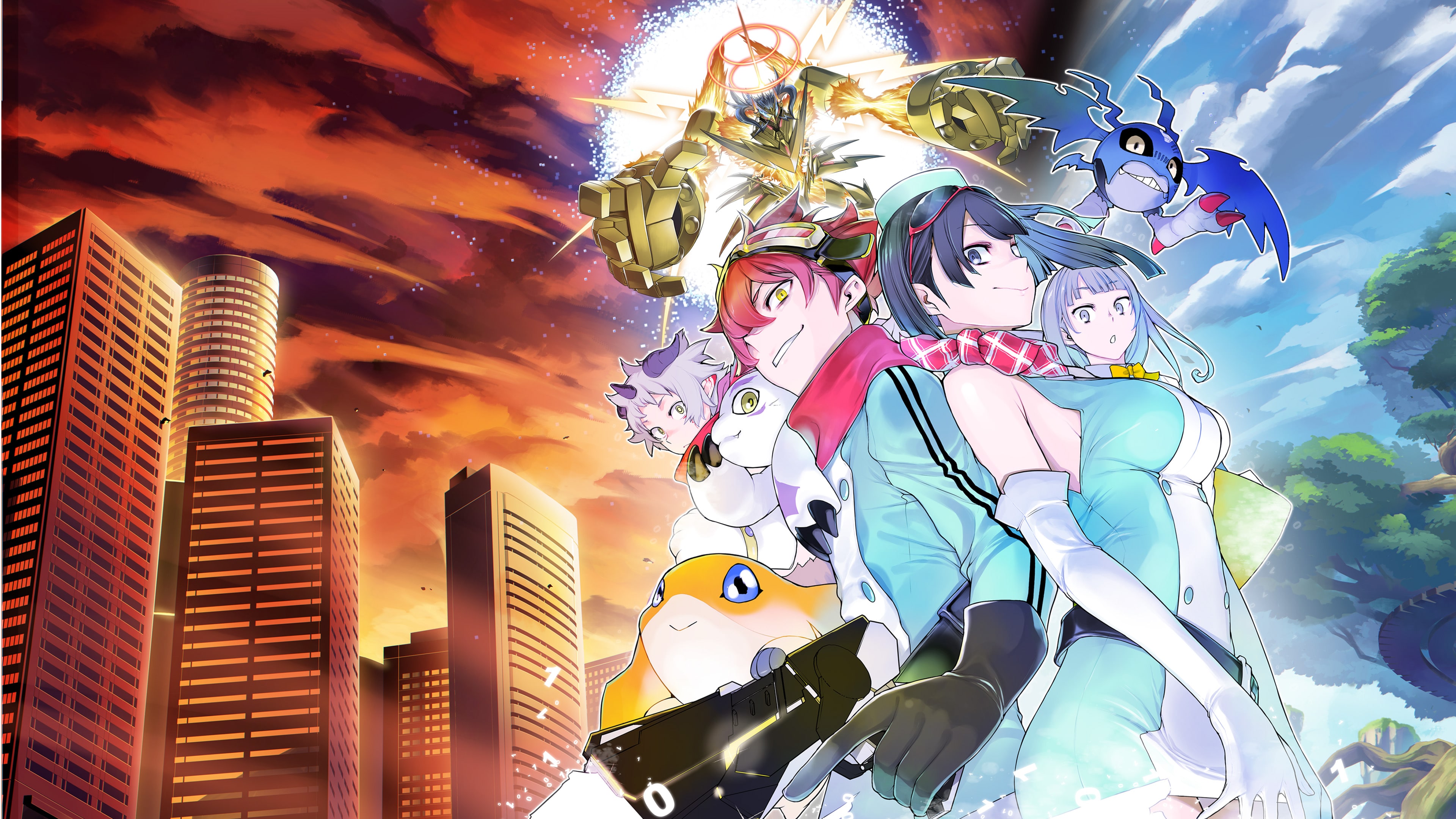 tonami kanji, yasuda suzuhito, aegiomon, gomamon, jupitermon, jupitermon wrath mode, misono inori, patamon, picodevimon, yuuki dan, yuuki kanan, digimon, digimon story: time stranger, absurdres, highres, official art, second-party source, 2girls, 3boys, armor, bare shoulders, bat (animal), belt, black eyes, black hair, blue eyes, breasts, brown hair, building, digimon (creature), dress, goat horns, goggles, goggles on head, gold armor, green dress, green eyes, green jacket, grey hair, gun, halo, head wings, holding, holding gun, holding weapon, horns, jacket, large breasts, multicolored jacket, multiple boys, multiple girls, short dress, short hair, skyscraper, sleeveless, sleeveless dress, sunset, tree, trigger discipline, two-tone jacket, weapon, white dress, white jacket, wings, yellow eyes