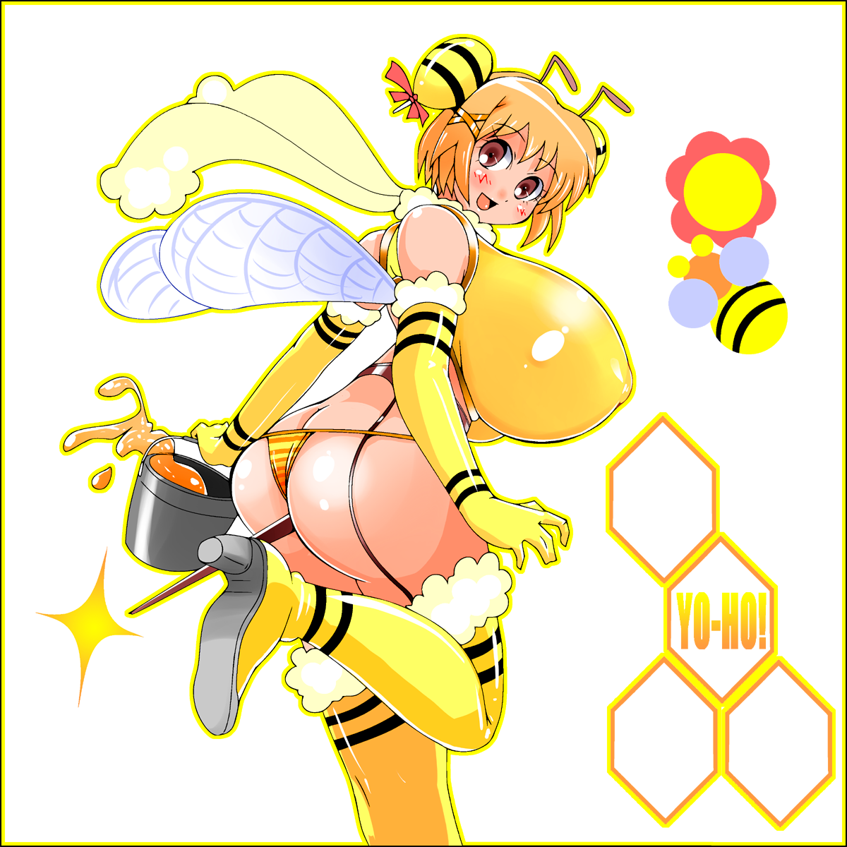 amano taiki, bad id, bad pixiv id, highres, 1girl, arthropod girl, ass, backboob, bee girl, blush, boots, breasts, brown eyes, brown hair, bucket, butt crack, elbow gloves, female focus, garter belt, gloves, hair ribbon, honey, huge breasts, insect girl, looking back, monster girl, panties, ribbon, smile, solo, striped clothes, striped panties, thighhighs, thong, underwear, wings