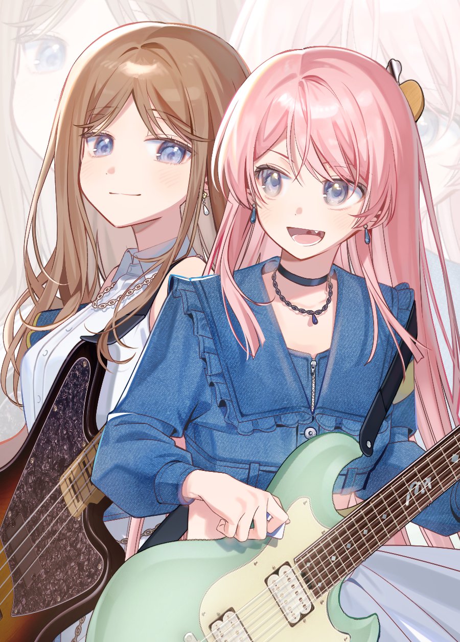 yojeong dimseom, chihaya anon, nagasaki soyo, bang dream!, bang dream! it's mygo!!!!!, commentary request, highres, korean commentary, 2girls, bass guitar, blue eyes, blue jacket, blush, brown hair, cropped jacket, dress shirt, earrings, electric guitar, fang, grey eyes, guitar, holding, holding phone, instrument, jacket, jewelry, long hair, midriff peek, multiple girls, open mouth, phone, pink hair, shirt, sidelocks, teeth, white shirt, zoom layer