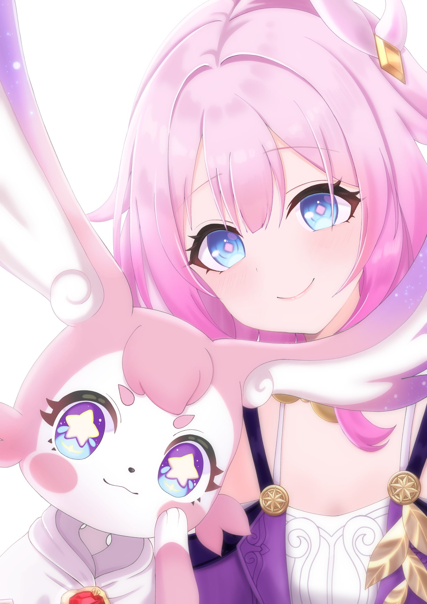 cyrene (honkai: star rail), mem (honkai: star rail), honkai: star rail, honkai (series), commentary request, highres, 1girl, blue eyes, breasts, coat, cyrene (aedes elysiae) (honkai: star rail), dress, hair ornament, looking at viewer, pink hair, purple coat, shira nui tama, short hair, simple background, small breasts, smile, star-shaped pupils, star (symbol), symbol-shaped pupils, white background, white dress