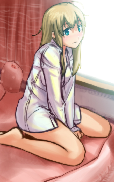 kuroba (f-15c eagle), original, 1girl, ahoge, barefoot, bed, between thighs, blonde hair, blue eyes, dress shirt, female focus, indoors, kneeling, messy hair, naked shirt, shirt, sitting, sleepy, solo, v arms, wariza, window