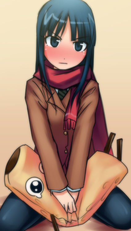 kuroba (f-15c eagle), bad id, bad pixiv id, 1girl, blue eyes, blue hair, blush, female focus, head tilt, kneeling, long hair, matching hair/eyes, pantyhose, scarf, sitting, solo, stuffed animal, stuffed toy, tears, v arms