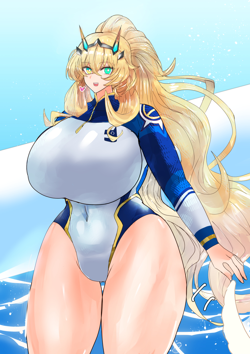 souki3123, barghest (fate), barghest (over the same sky) (fate), fate/grand order, fate (series), highres, 1girl, blonde hair, blue wetsuit, breasts, covered navel, green eyes, high ponytail, horns, huge breasts, long hair, long sleeves, looking at viewer, open mouth, ponytail, sidelocks, smile, solo, thick thighs, thighs, wet, white wetsuit