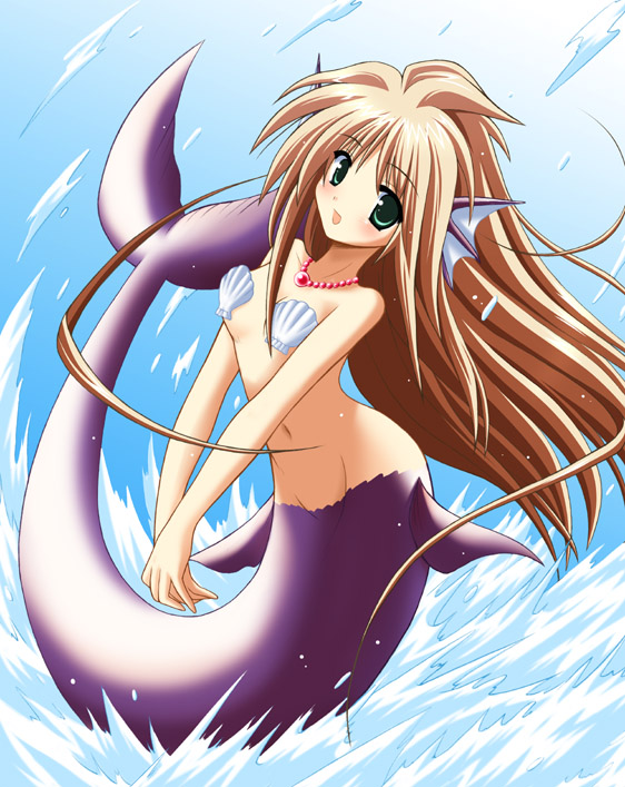 waiai, 1girl, :d, bikini, breasts, brown hair, female focus, fins, floating hair, green eyes, head fins, jewelry, long hair, lowleg, mermaid, monster girl, necklace, ocean, open mouth, seashell, shell, shell bikini, small breasts, smile, solo, v arms, water
