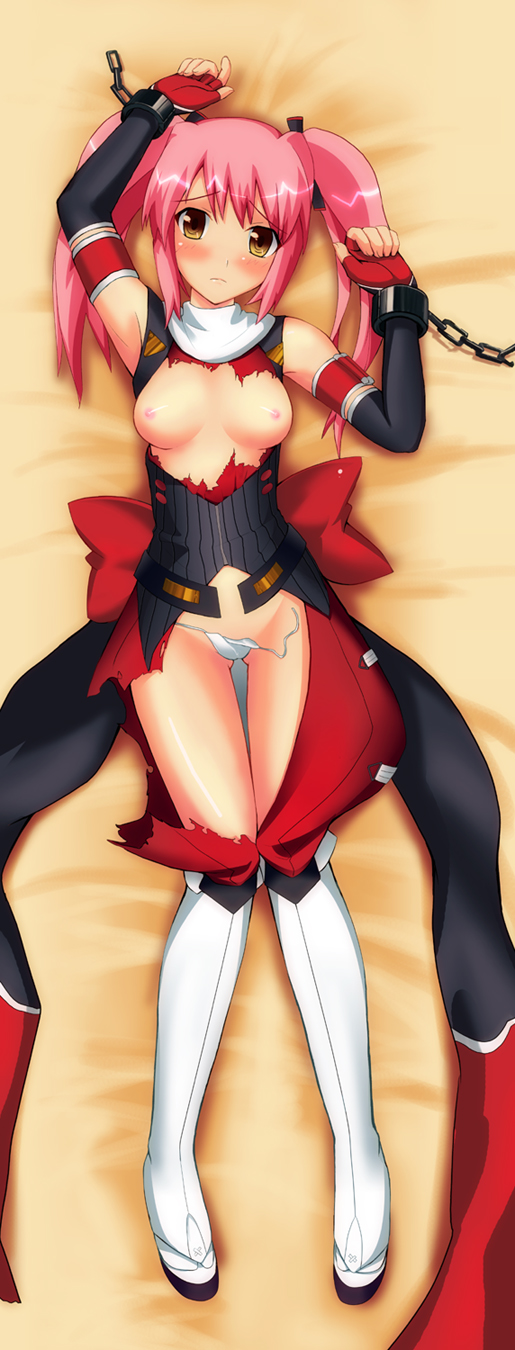 kuroba (f-15c eagle), shihoudou narika, choukou (alicesoft), choukou sennin haruka, highres, long image, tall image, 00s, 1girl, armpits, bdsm, blush, bondage, bound, breasts, chain, cuffs, elbow gloves, female focus, fingerless gloves, from above, gloves, legs, long hair, looking at viewer, lying, nipples, panties, pink hair, shackles, shy, side-tie panties, solo, torn clothes, twintails, underwear, untied panties, white panties, yellow eyes
